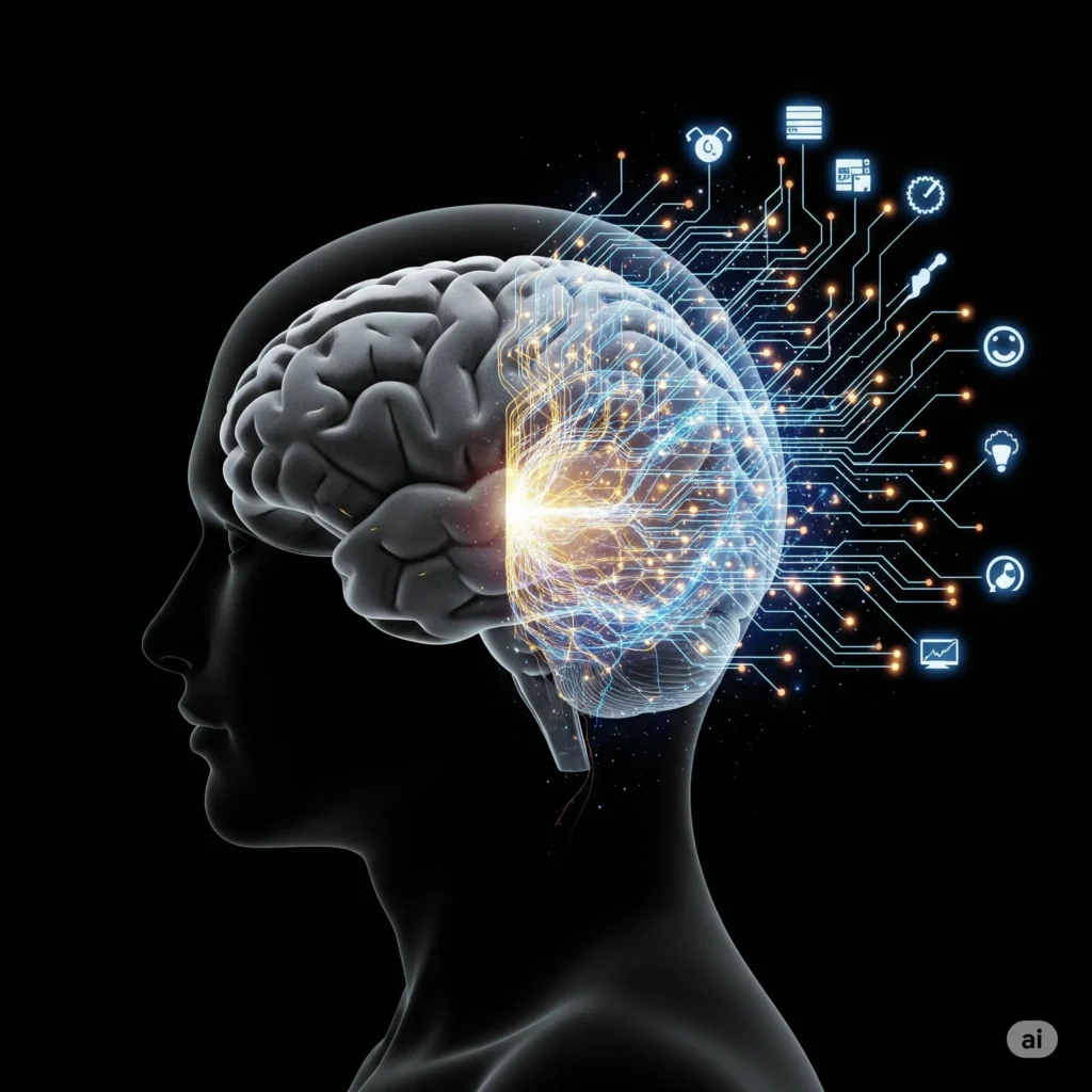 Cérebro humano com metade orgânica e metade digital, com redes neurais brilhantes, simbolizando o futuro da Inteligência Artificial e a sua fusão com a cognição humana.