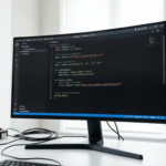 Tela de computador exibindo script de automação em Python no VS Code com gráficos de processamento de dados ao fundo.