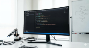 Tela de computador exibindo script de automação em Python no VS Code com gráficos de processamento de dados ao fundo.