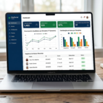 Dashboard moderno de um sistema SaaS de gestão escolar exibindo gráficos de desempenho e registros de alunos em um notebook
