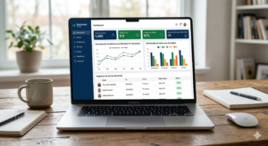 Dashboard moderno de um sistema SaaS de gestão escolar exibindo gráficos de desempenho e registros de alunos em um notebook