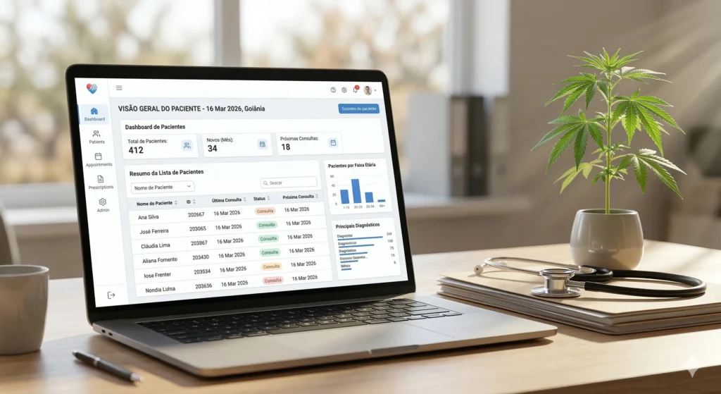 Dashboard de sistema de gestão para associação de cannabis medicinal mostrando estatísticas de pacientes e consultas.