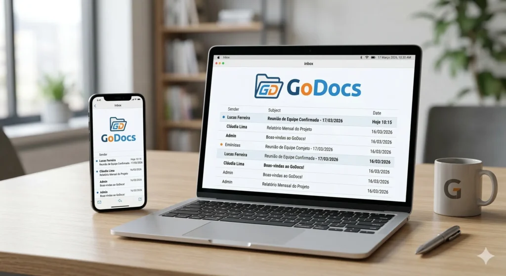 Interface de e-mail profissional corporativo configurado em dispositivos móveis e desktop