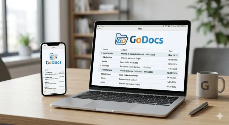 Interface de e-mail profissional corporativo configurado em dispositivos móveis e desktop