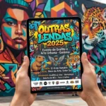 Design gráfico de flyer para evento de arte urbana sendo exibido em um dispositivo digital com mural de grafite ao fundo.