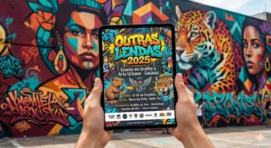 Design gráfico de flyer para evento de arte urbana sendo exibido em um dispositivo digital com mural de grafite ao fundo.