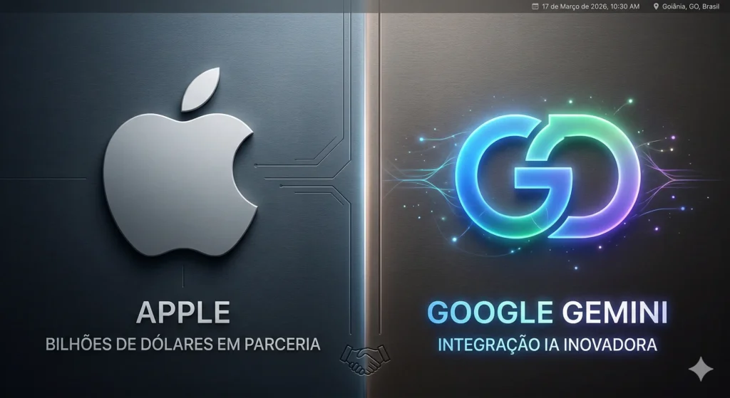 Fotografia dividida mostrando o logotipo da Apple de um lado e o logotipo do Google Gemini brilhando do outro, representando a parceria bilionária.