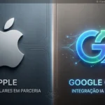 Fotografia dividida mostrando o logotipo da Apple de um lado e o logotipo do Google Gemini brilhando do outro, representando a parceria bilionária.