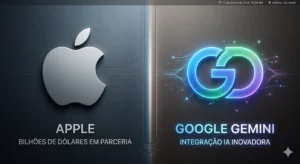 Fotografia dividida mostrando o logotipo da Apple de um lado e o logotipo do Google Gemini brilhando do outro, representando a parceria bilionária.