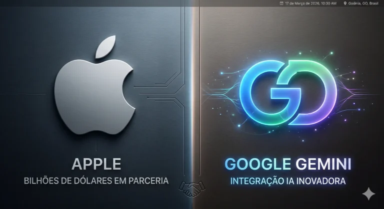 Fotografia dividida mostrando o logotipo da Apple de um lado e o logotipo do Google Gemini brilhando do outro, representando a parceria bilionária.