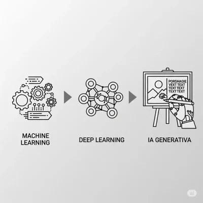 Inteligencia Aritifical O Ponto de Partida Infográfico com a linha do tempo da evolução da Inteligência Artificial, mostrando as fases de Machine Learning, Deep Learning e IA Generativa.