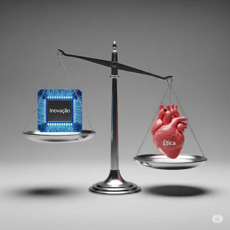 Os Desafios Éticos e a Urgência da Regulamentação Balança da justiça a equilibrar a inovação da IA (representada por um chip) e a ética humana (representada por um coração), simbolizando os desafios da regulamentação da Inteligência Artificial.